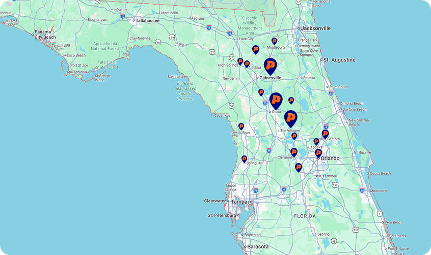 Map of Central Florida service areas for Puddles Restoration, highlighting locations including Ocala, Gainesville, and The Villages, with markers indicating coverage for water damage restoration services.