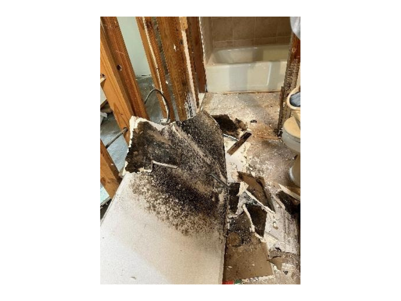 Fire damage restoration in a burned bathroom