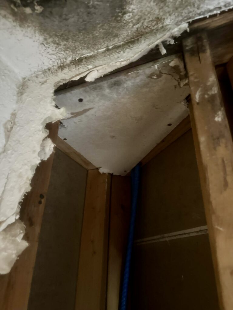 HVAC closet ceiling with an open wall cavity revealing mold contamination behind drywall in a Volusia County property
