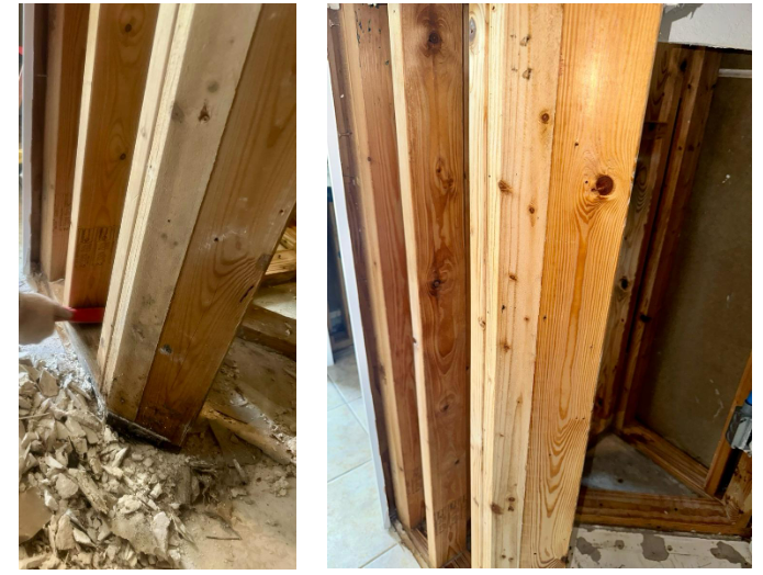 Before and after mold remediation on wood framing by PUDDLES Restoration — wire-brushed substrate restored to like-new condition, Volusia County, FL